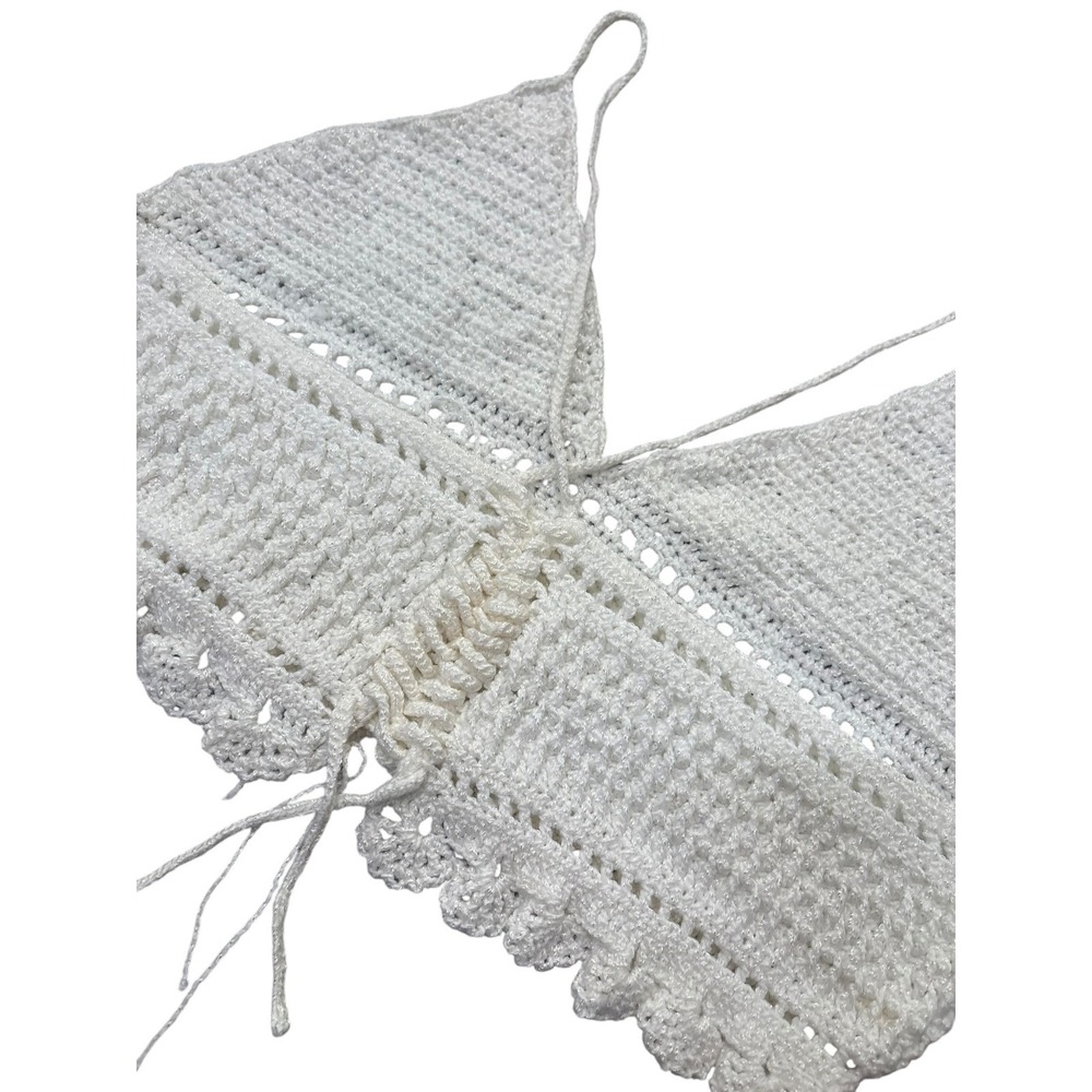 Handmade Crochet Iridescent White Crop Triangle Top L Festival Cottage Boho Knit - Picture 9 of 9